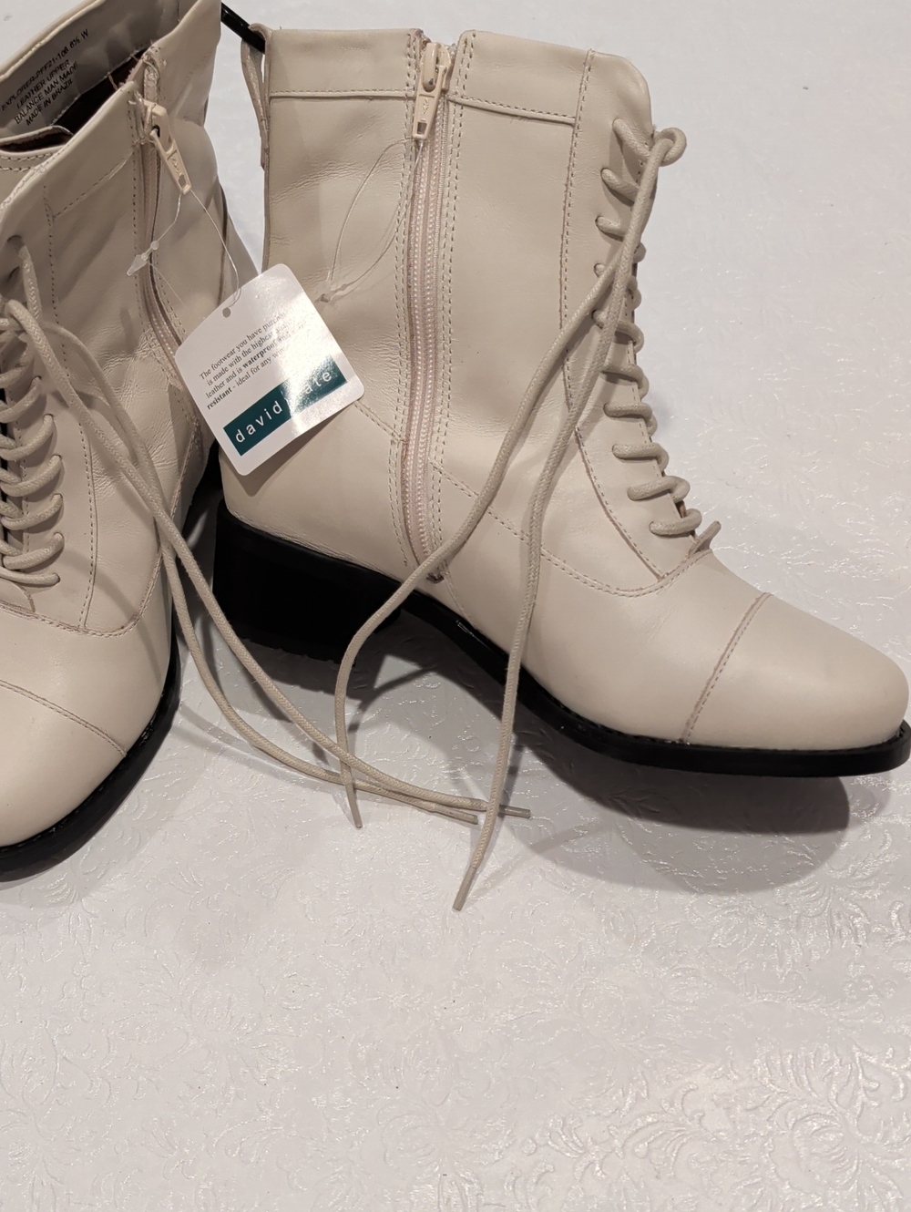 David Tate Cream Lace-Up Ankle Boots with Side Zip